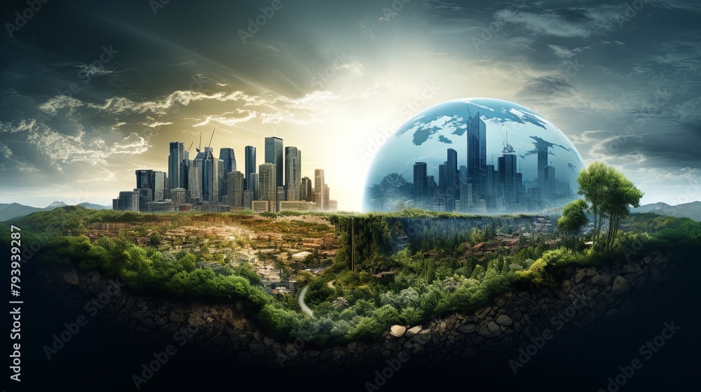 Obraz premium A city inside a giant glass dome with a forest outside