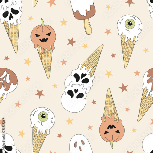 Hand drawn groovy cartoon Halloween sweets ice cream cone in the form of spooky skull pumpkin ghost vector seamless pattern. Retro line art drawing style October 31st party trick or treat event