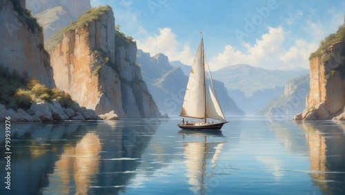 Serenely Painted Sailboat Adrift on Glassy Waters, Bordered by Gentle Cliffs Under a Sunlit Sky.