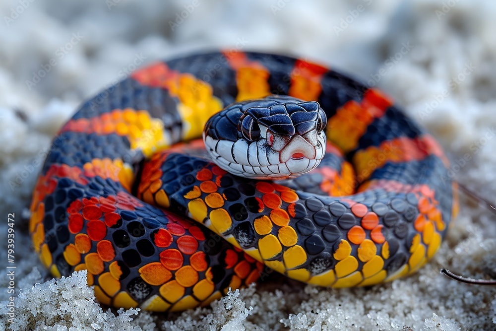 Obraz premium Eastern Coral Snake: Slithering across sand with bright red, black, and yellow bands, emphasizing warning colors