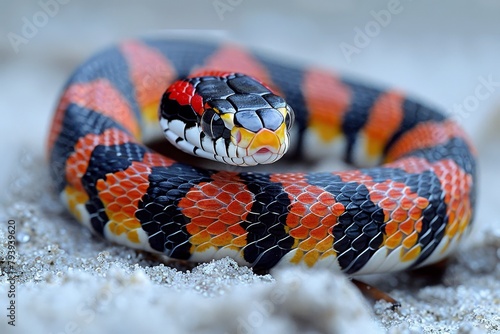 Eastern Coral Snake: Slithering across sand with bright red, black, and yellow bands, emphasizing warning colors