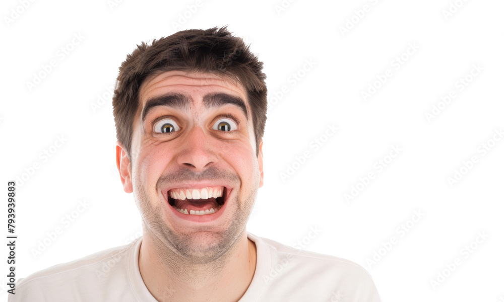 A joyful man with a big smile showing excitement and happiness against a plain white background while expressing an enthusiastic reaction A joyful man with a big smile showing excitement and happiness against a plain white background while expressing an enthusiastic reaction