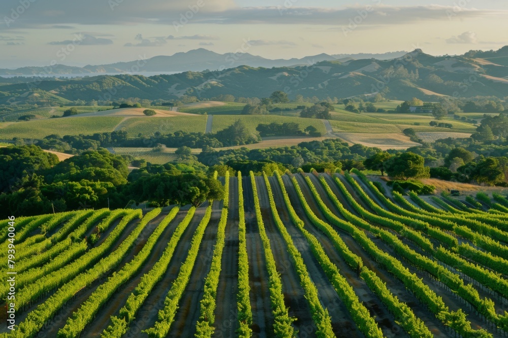 A scenic view of vibrant vineyards at sunset, featuring neatly arranged rows of grapevines stretching towards distant rolling hills under a soft evening sky.