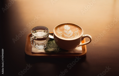 Hot latte coffee or Cappuccino with latte art in white coffee cup on wooden tray at wood background with light streaming from the window, adding to the enjoyment of coffee even more.