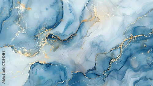 abstract blue and gold marble texture with watercolor and concrete elements digital art background