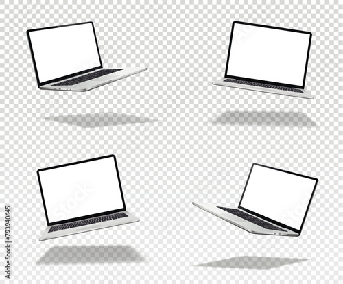 Flying laptop mock up with blank screen isolated