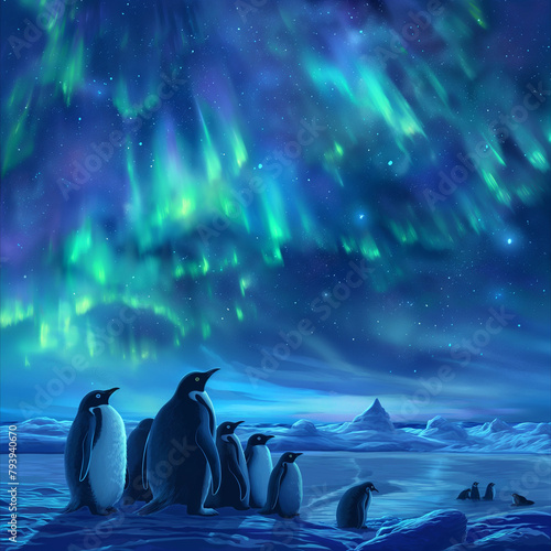 A group of penguins standing on ice with a beautiful aurora in the night sky.  