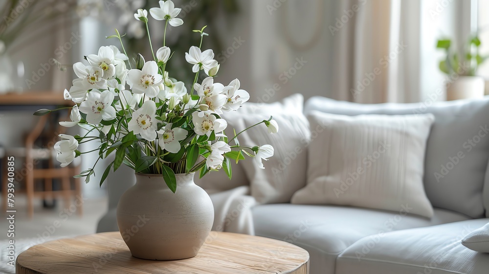 Fototapeta premium A photo of a vase of white flowers on a coffee table in front of a white couch.