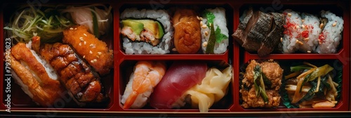 Colorful selection of various sushi and Japanese dishes presented in a traditional bento box