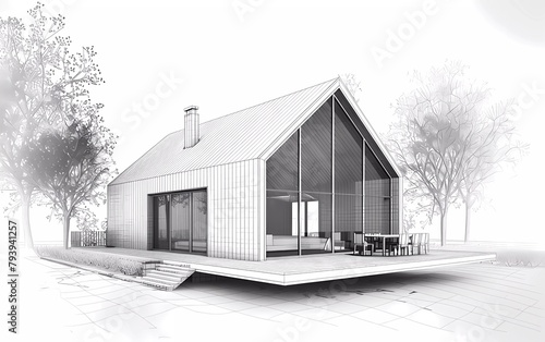 3d rendering of modern clinker house. Black line sketch with soft light shadows on white background