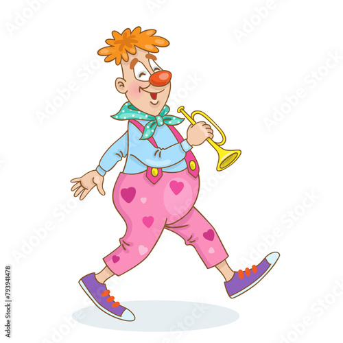 Funny clown musician goes with a trumpet in his hand. Isolated on white background. Vector illustration. © Shvetsova Yulia