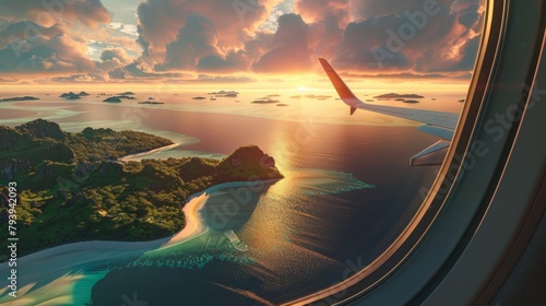 airplane wing over tropical islands at sunset aerial ocean view from plane window digital illustration photo