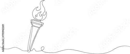Burning torch one Continuous line on a white background. Vector illustration isolated on white background, line art. One line hand drawing. Summer Olympics 2024.