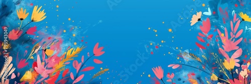 A vivid floral arrangement creating a border on a bright blue background  perfect for cheerful and lively designs