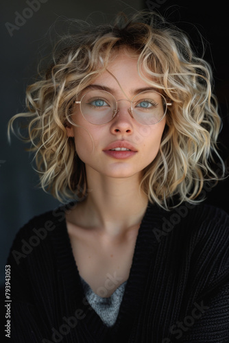 curly blonde with glasses looks sternly