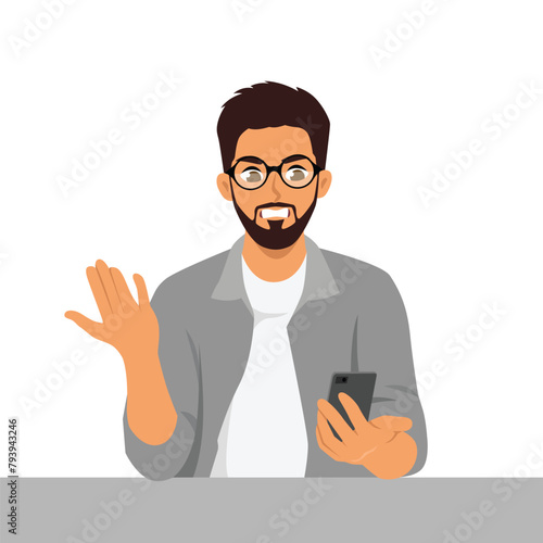 Frustrated with work. young man looked at the phone unhappy.  Flat vector illustration isolated on white background