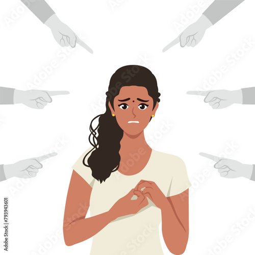 Sad or depressed young woman surrounded by hands with index fingers pointing at her.  Flat vector illustration isolated on white background
