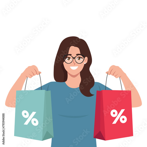 Happy shopper. Woman holds packages. Big Sale.  Flat vector illustration isolated on white background