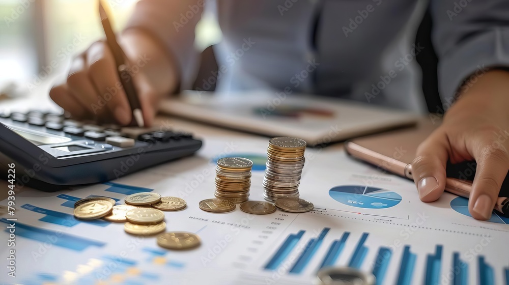 business finance accountant with calculator coins and graph economic growth concept illustration business finance accountant with calculator coins and graph economic growth concept illustration