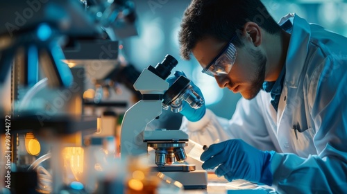 Focused male scientist examining scientific samples under a microscope in a modern laboratory setting.