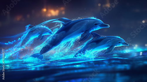 A pod of dolphins swimming in the ocean at night. The dolphins are illuminated by a blue light, which makes them appear to be glowing. The water is dark blue and there is a starry night sky above. © muheeb