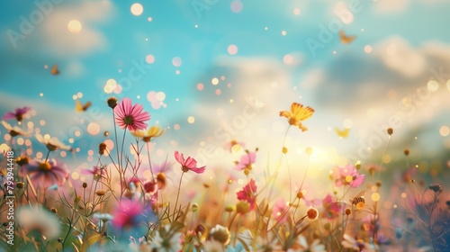 A sprawling meadow bursts to life with an explosion of colorful wildflowers, each petal kissed by the sun's warm embrace.