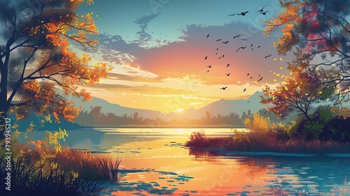 colorful autumn sunset over tranquil river landscape seasonal nature illustration #793945212
