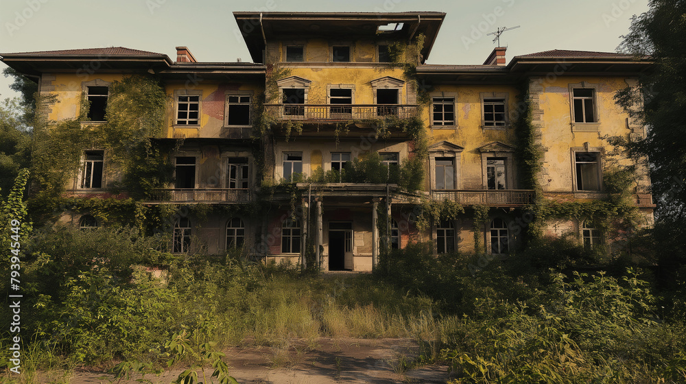 This image shows a large, abandoned hotel. The hotel is covered in vines and plants, and the windows are broken. The sky is cloudy and there is a hint of sunlight peeking through the clouds.