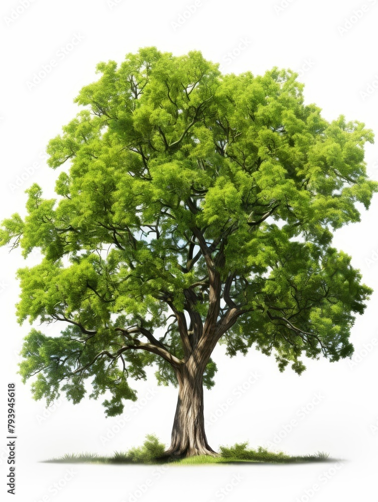 A tall, green tree with a large, full canopy of leaves. The tree is set against a white background. A tall, green tree with a large, full canopy of leaves. The tree is set against a white background.