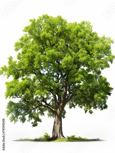 A tall  green tree with a large  full canopy of leaves. The tree is set against a white background.