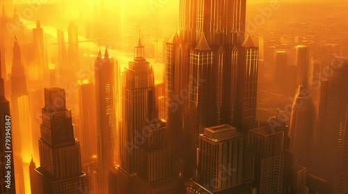 The image shows a city with many tall buildings. The buildings are mostly made of glass and metal, and they are reflecting the sunlight. The sun is setting, and the sky is a bright orange color. There