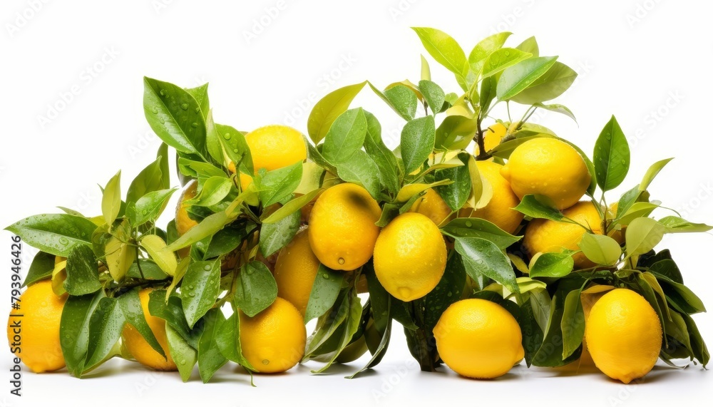 A branch of a lemon tree with ripe lemons on a white background. A branch of a lemon tree with ripe lemons on a white background.