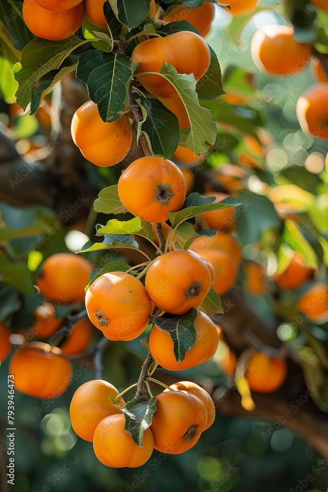 A branch of a tree with many hanging ripe orange apples.