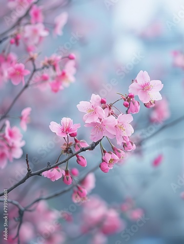 A branch of delicate pink cherry blossoms against a soft  out of focus background.