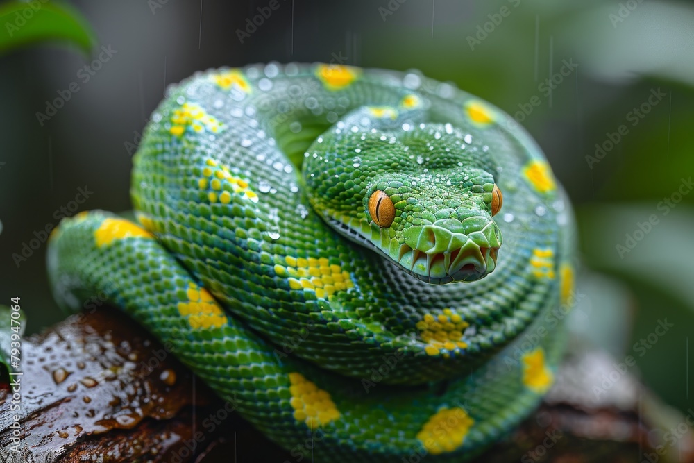 Emerald Tree Boa: Coiled on a tree branch with vibrant emerald green scales, contrasting with the environment Emerald Tree Boa: Coiled on a tree branch with vibrant emerald green scales, contrasting with the environment