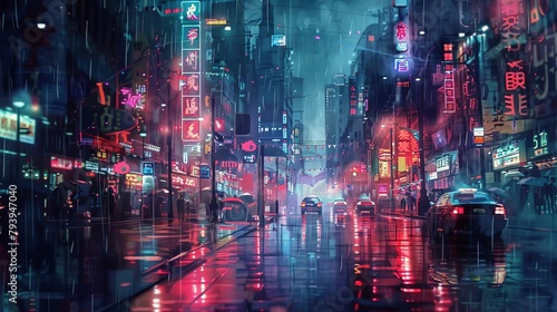 cyberpunk city streets at night futuristic dystopian artwork rainy foggy atmosphere 4k wallpaper illustration photo