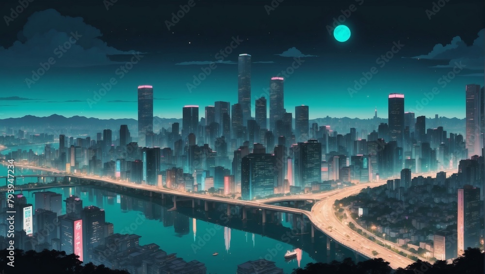 Soothing Lo-fi Beats with Night Skyline and Teal Hues, Manga and Anime Inspirations.