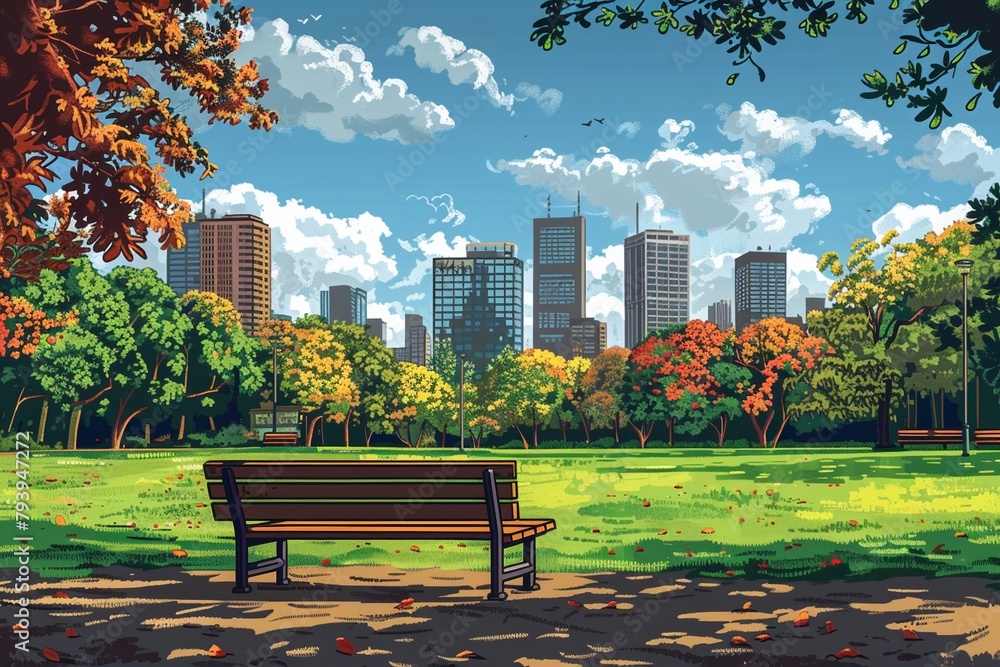 Obraz premium Visual representation of a stunning green space in an urban park during the fall season, created using Generative AI technology.
