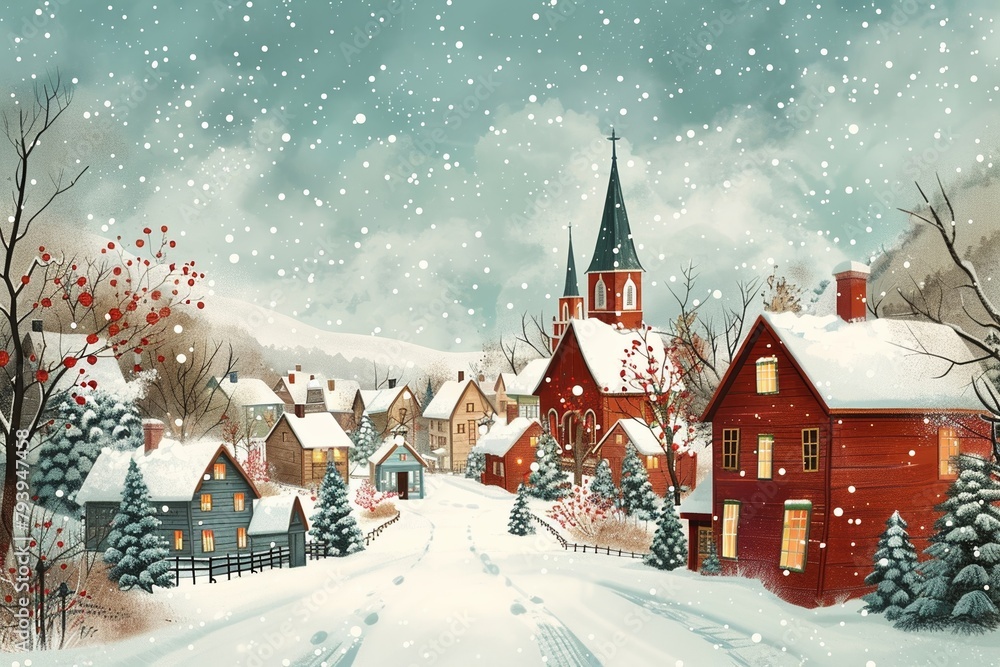 A picturesque holiday season depiction with a cozy winter village during Christmas