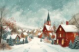 A picturesque holiday season depiction with a cozy winter village during Christmas