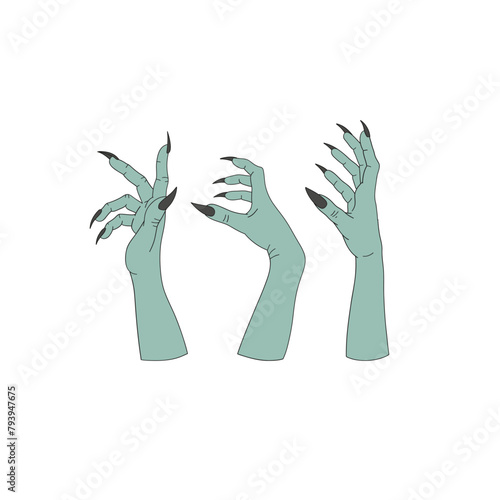 Retro spooky wicked witch green hand with claws vector illustration set isolated on white. Hand drawn linear style creepy hag arm with black nails print collection. October 31st Halloween holiday