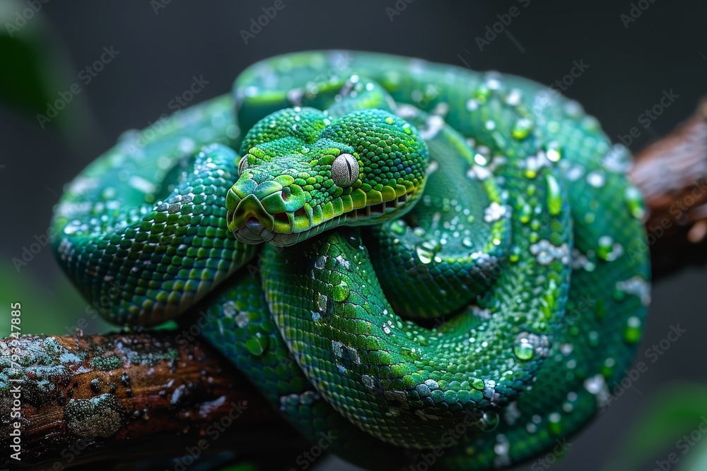 Fototapeta premium Emerald Tree Boa: Coiled on a tree branch with vibrant emerald green scales, contrasting with the environment