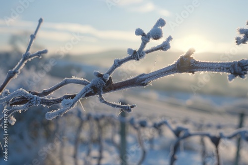 A serene winter scene capturing frost-coated branches with the early morning sun enhancing their delicate icy crystals against a soft, hazy background.