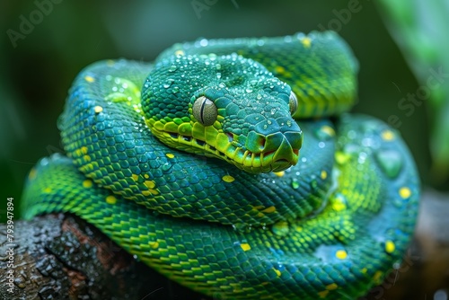 Emerald Tree Boa: Coiled on a tree branch with vibrant emerald green scales, contrasting with the environment © Nico