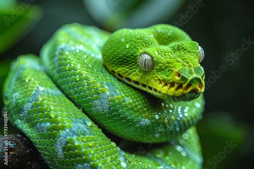 Emerald Tree Boa: Coiled on a tree branch with vibrant emerald green scales, contrasting with the environment