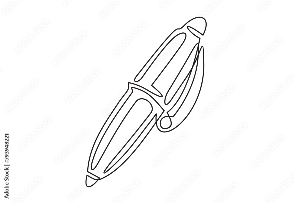 Obraz premium Single continuous line drawing of vintage ballpoint. Pen icon. Back to school minimalist style. Education concept. Modern one line draw graphic design vector illustration