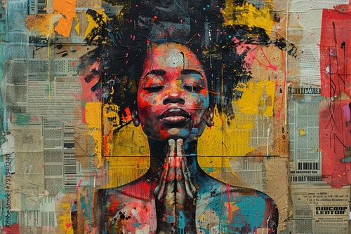 Mixed media artwork depicting an African woman in prayer, encompassing elements of urban street art with a variety of textures, colors, and techniques.