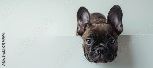 Cute  dog puppy laying down, frenchie on white background, looking at camera
