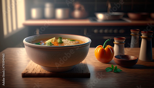 a bowl of hong kong style soup on the table in the kitchen during the day. Generative AI, photo