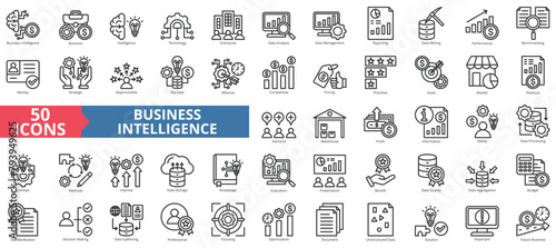 Business intelligence icon collection set. Containing technology, enterprise, data analysis, management, reporting, mining, performance icon. Simple line vector.